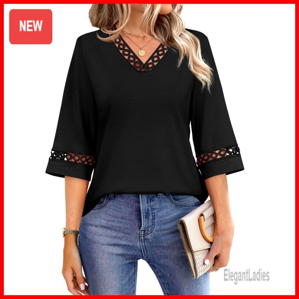 Eyelet Lace V-Neck Bell Sleeve Blouse, Dressy Casual Work Shirt